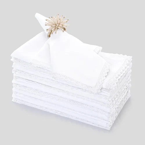 Vista 24 de FINGERCRAFT Servilletas de tela de lino y algodón de 12 unidades con esquinas ingletadas y elegante encaje para uso diario; las servilletas están