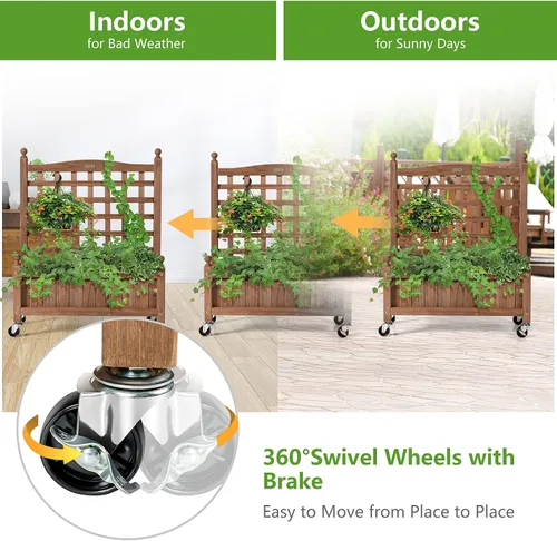 Vista 4 de Giantex Cama elevada móvil para plantas, maceta de madera con enrejado y ruedas, caja de flores para escalada de plantas, jardín vertical