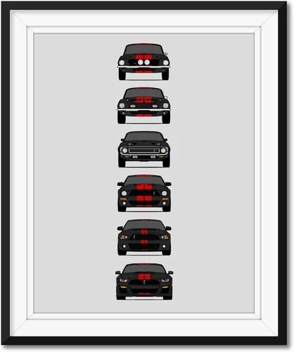 Vista 12 de Custom Car Posters Póster hecho a mano compatible con Shelby Mustang GT500 Generations e impresión de Ford Shelby GT500, azul con rayas blancas