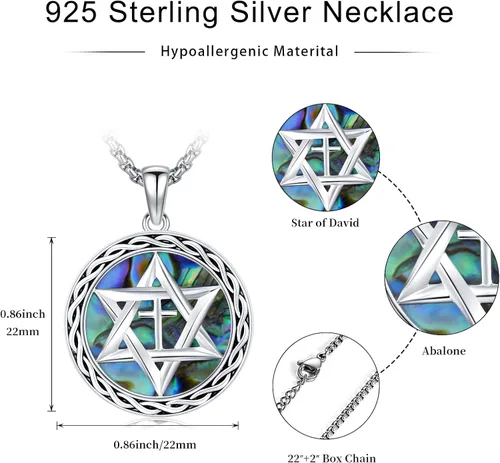 Vista 6 de Twoowl Star of David Necklace for Women Men 925 Sterling Silver Cross Abalone Shell Pendant Necklace Jewish Jewelry Gifts Estrella de David Para
