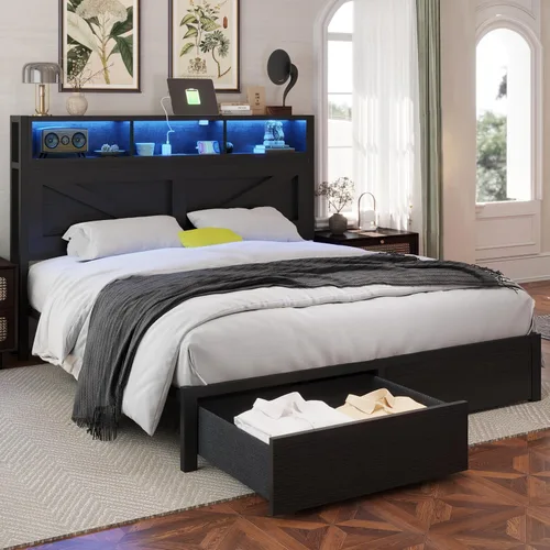 Vista 3 de Marco de cama matrimonial con cabecera y cajones de almacenamiento, color Luces LED y estación de carga, plataforma de metal, no necesita somier