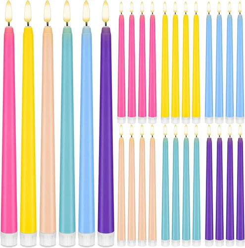 Vista 11 de Baquler 24 velas cónicas sin llama de 11 pulgadas, color rosa y verde, funciona con pilas, velas LED coloridas y parpadeantes de plástico dorado
