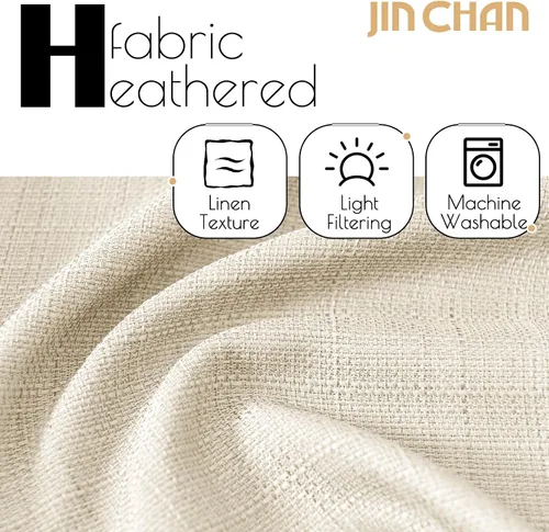 Vista 4 de JINCHAN Cortinas de lino beige para sala de estar y dormitorio, cortinas texturizadas de 63 pulgadas de largo, cortinas de estilo rústico de tejido