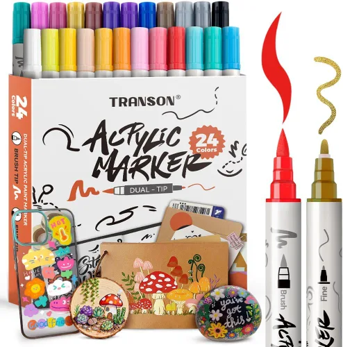 Vista 12 de TRANSON Juego de rotuladores de pintura acrílica de doble punta fina y brocha de 12 colores para lienzo, roca, madera, cuero, cerámica, pintura DIY
