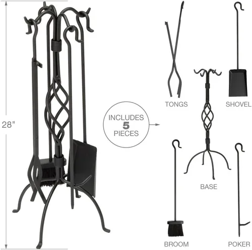 Vista 4 de UniFlame Juego de herramientas de chimenea de hierro forjado negro de 5 piezas con tejido central