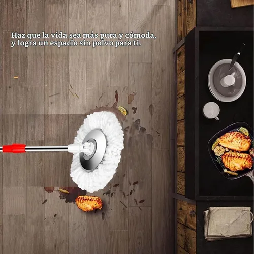 Vista 6 de Trapeador giratorio y cubo con escurridor en ruedas, sistema de cubo giratorio de 360° con 3 cabezales de repuesto de microfibra, mango extendido