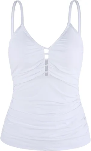 Vista 19 de Ocean Blues Traje de Baño Tankini Retro para Mujer con Fruncido Control de Abdomen Solo Parte Superior del Tankini Negro