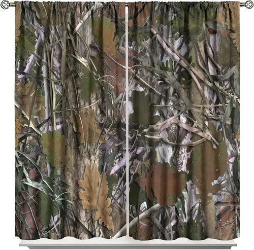 Vista 39 de Cortinas opacas de camuflaje de bosque, animales salvajes, osos, ciervos, alces, con bolsillo para barra, para sala de estar, dormitorio, decoración