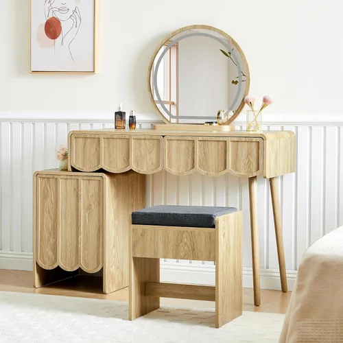 Vista 8 de Escritorio de tocador con espejo y luces, juego de escritorio de tocador moderno de panel de madera ondulada, mesa de maquillaje con cajones