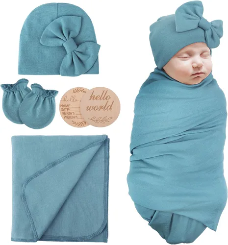 Vista 22 de AQOKKA Manta de Recepción para Recién Nacido con Gorro de Lazo Mitones Juego de Tarjetas de Madera para Recién Nacidos Niños Pequeños Bebé Niño Niña