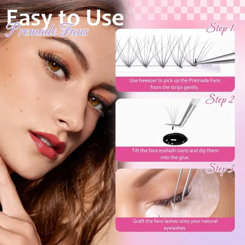 Vista 29 de FADLASH Extensiones de pestañas postizas en abanico con base puntiaguda 10D, extensiones de pestañas postizas de tallo medio, extensiones