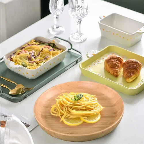Vista 7 de Platos redondos de madera de 7.5 pulgadas para alimentos, platos de bambú reutilizables, platos de cena para mesa, 2 piezas de platos de madera