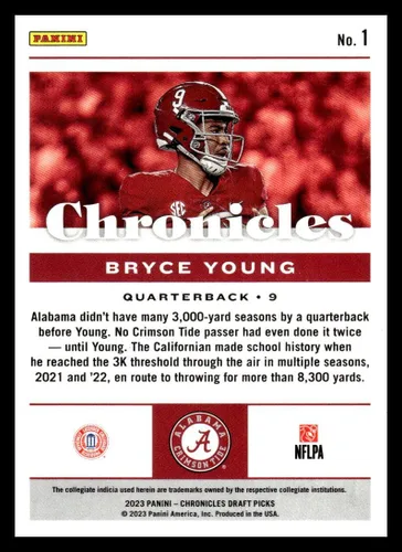 Vista 2 de Panini Chronicles Draft Picks #1 Bryce Young NM-MT Alabama Crimson Tide - Tarjeta de intercambio de fútbol 2023