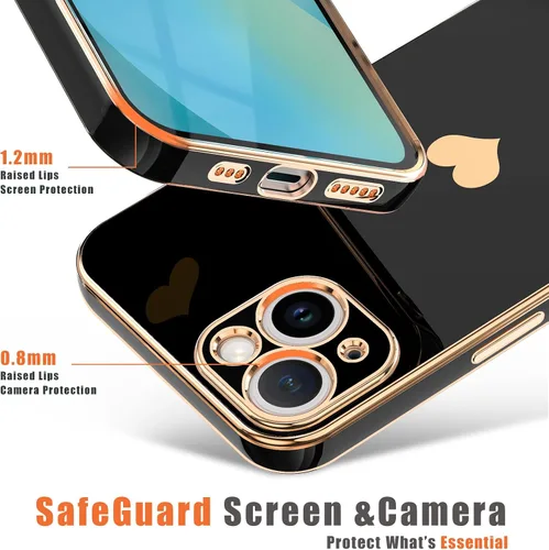 Vista 3 de Teageo - Funda para iPhone 13 mini para mujeres y niñas, diseño de corazón de amor, color negro Luxury Bling Plating Soft Back Cover Raised Full