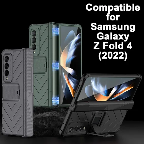 Vista 6 de Miimall Funda compatible con Galaxy Z Fold 4, Fold 4 con protección de bisagra, protector de pantalla de vidrio templado, soporte ajustable, fundas