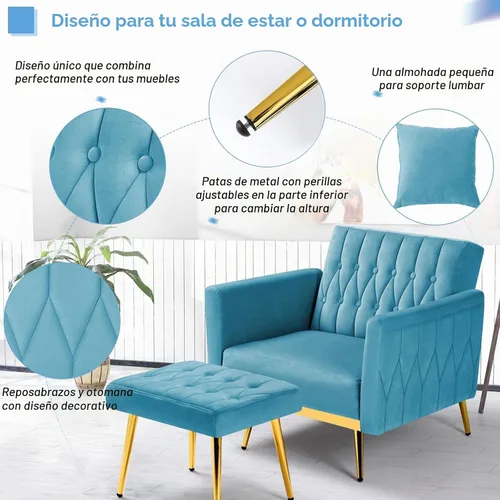 Vista 7 de Silla decorativa de terciopelo con otomana y respaldo ajustable