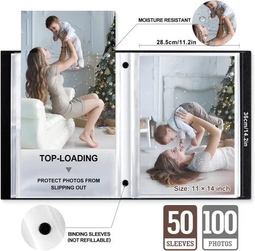 Vista 4 de Lanpn Álbum de fotos de 11 x 14 pulgadas, tapa dura de lino, sin ácidos, deslizante, en fundas para álbumes de fotos con capacidad para 100 imágenes