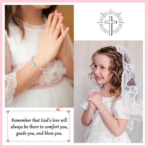 Vista 4 de UNGENT THEM Regalos de bautismo para niñas, pulseras de regalos de primera comunión para niñas, pulsera de cruz