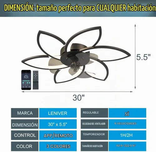 Vista 2 de Ventilador de techo de 30 pulgadas con control remoto de luces, moderno ventilador de techo de perfil bajo con luces, ventiladores de techo 30" negro