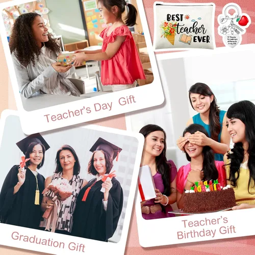 Vista 5 de Fumete Juego de regalos de agradecimiento para profesores para mujeres, bolsa de maquillaje con inicial, llavero para regalo de graduación