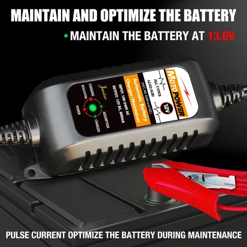 Vista 5 de MOTOPOWER MP00205A 12V 800mA Mantenedor de cargador de batería automático, paquete de 2 Cargador de batería, mantenedor de batería, cargador