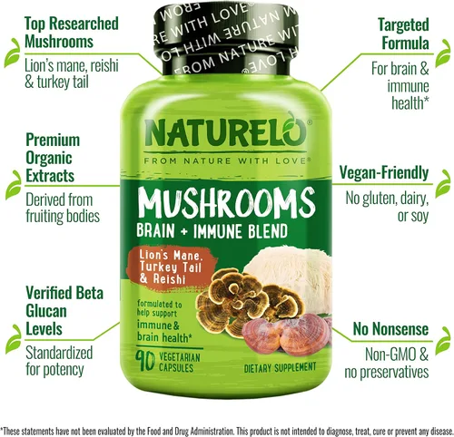 Vista 4 de NATURELO Cápsulas de suplemento de hongos, 90 unidades, apoyo para el cerebro y el sistema inmunológico, aptas para veganos, cápsulas de suplemento