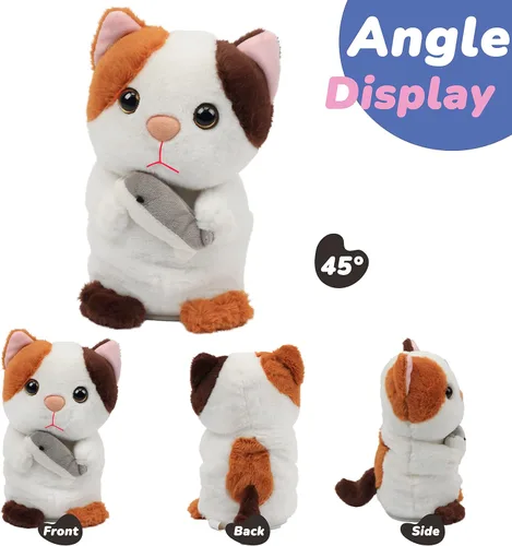Vista 3 de Hopearl Gatito parlante repite lo que dices, gato con pez, juguete animado interactivo eléctrico, juguete de peluche para niños pequeños, 7 pulgadas