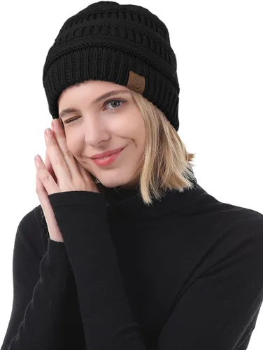 Vista 6 de Gorros de invierno con forro de satén para mujer, gorro de invierno con forro de seda para invierno, cálido gorro de punto con puños