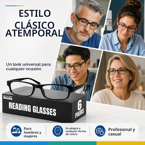 Vista 8 de Boost Eyewear Reading Glasses, Traditional Black Frames, with Spring Loaded Hinges