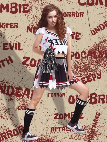 Vista 4 de Xtinmee Disfraz de animadora zombi de Halloween para mujeres y niñas, vestido de sangre sin animadoras, con pompones, cuerdas para el cabello