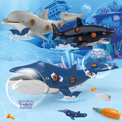 Vista 2 de KAEGREEL Juguetes de tiburón desmontables para niños, juguete de peces oceánicos desmontables con destornilladores eléctricos, juguetes