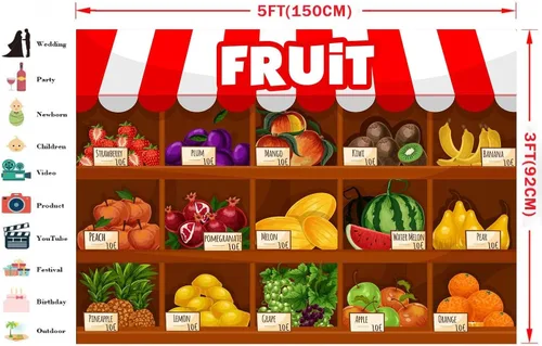 Vista 5 de Fondo de supermercado de frutas Exposición de frutas de verano Temporada de cosecha Uvas de fresas Fondo de cabina de fotos Fondo de decoración
