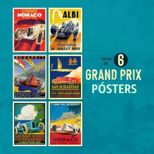 Vista 6 de Wallbuddy Juego de 6 pósteres de coche vintage, arte de pared de carreras