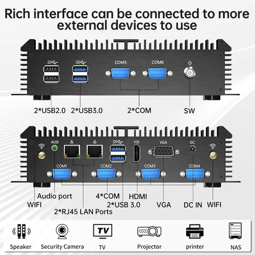 Vista 6 de Mini PC industrial, computadora de escritorio sin ventilador Celeron 2955U 1.4GHz, Windows 10 Pro, 8 GB de RAM, 128 GB SSD, 2xNIC, 6 x COM RS232, 4