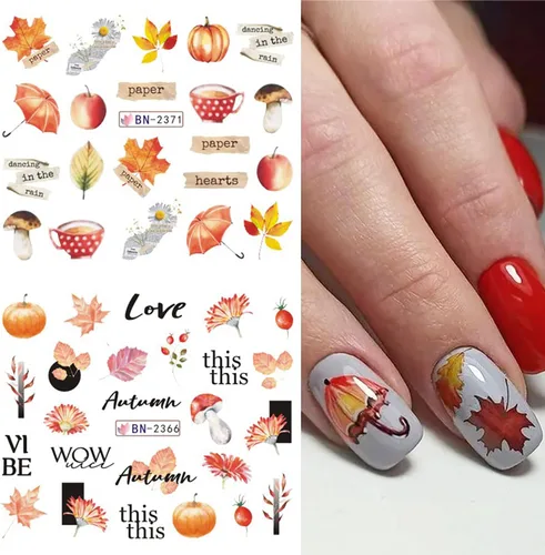 Vista 4 de Calcomanías holográficas para arte de uñas, diseños holográficos de transferencia de agua de hoja de arce de otoño, hojas de otoño, hongos