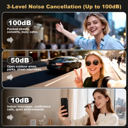 Vista 5 de Mini micrófono inalámbrico Lavalier para iPhone, iPad, Android, batería de larga duración de 30 horas, rango inalámbrico de 100 pies, cancelación