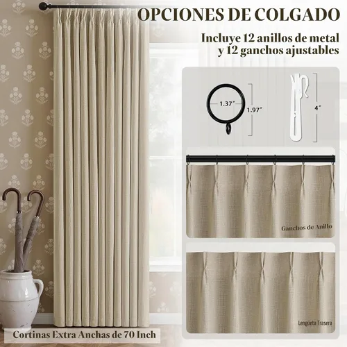 Vista 6 de Juego de 2 paneles de cortinas plisadas opacas de 96 pulgadas para oscurecer la sala de estar, lino grueso, texturizado, 100% negro, cortinas Avena