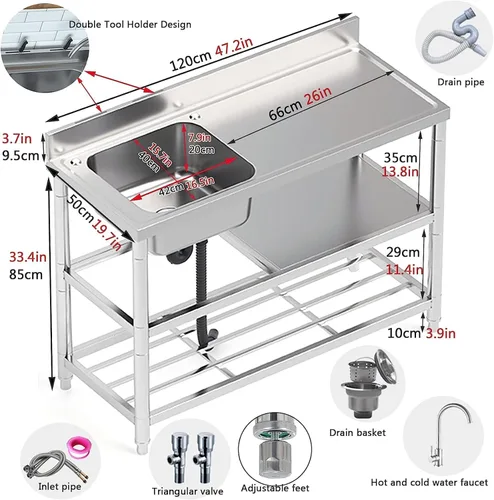 Vista 8 de NYCDA Fregadero comercial independiente, fregadero de acero inoxidable para exteriores, juego de fregadero de cocina de un solo tazón
