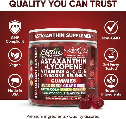 Vista 8 de Clean Nutraceuticals AstaZen - Gomitas de astaxantina de 12 mg - con licopeno, vitaminas A C D E, L-tirosina y selenio - Gomitas de apoyo