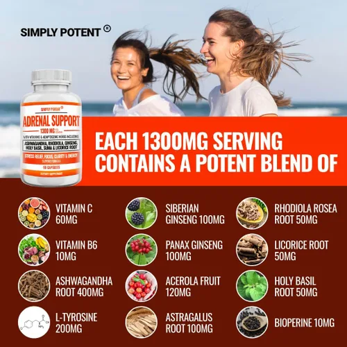 Vista 3 de Simply Potent Soporte suprarrenal y administrador de cortisol - 90 cápsulas, suplemento de salud suprarrenal con Ashwagandha, raíz de regaliz