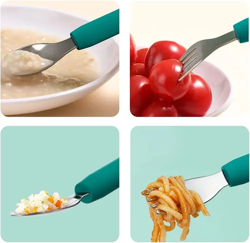 Vista 7 de Juego de tenedores y cucharas para bebé, utensilios de entrenamiento para bebés, cubiertos de silicona y acero inoxidable para niños y niños