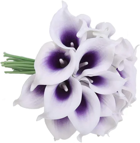 Vista 9 de Faylapa 20 piezas de lirio de cala artificial real al tacto, azul morado Flores falsas, ramos de boda, decoración floral para el hogar