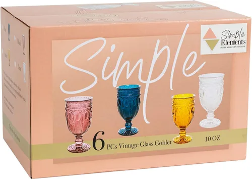 Vista 3 de Simple Elements - Juego de 6 copas de vino con relieve vintage, 3.5 pulgadas de ancho x 6.5 pulgadas de alto, 10 onzas