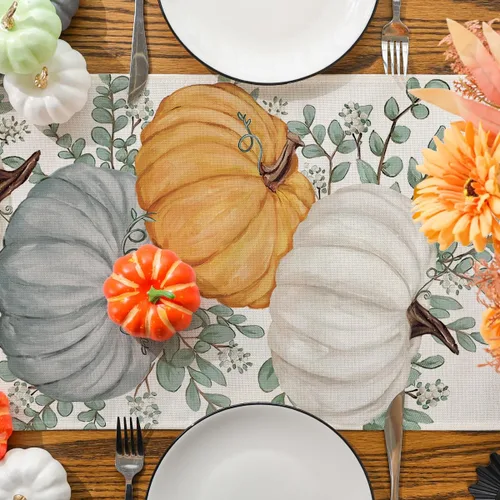 Vista 5 de Camino de mesa de otoño, eucalipto y calabaza, camino de mesa para otoño, Acción de Gracias, decoración de fiesta en el hogar, decoración de mesa