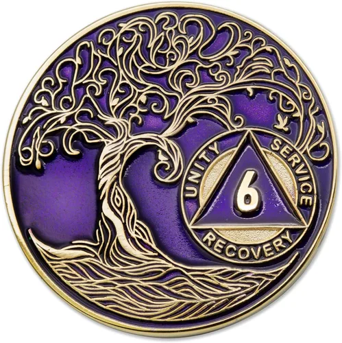 Vista 194 de 1 año Sobriety Mint Twisted Tree of Life Medallón de recuperación AA chapado en oro, chip/ficha - negro