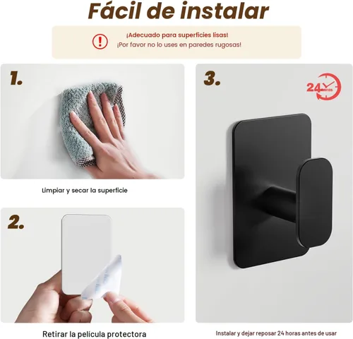Vista 8 de Ganchos Autoadhesivos de Servicio Pesado – 26 libras máximo, ganchos de pared adhesivos de acero inoxidable para colgar toallas, abrigos, batas