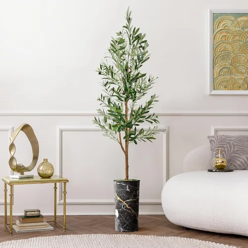 Vista 13 de Árbol artificial en macetero con efecto de granito moderno, palmera tropical areca artificial de seda para decoración del hogar en interiores