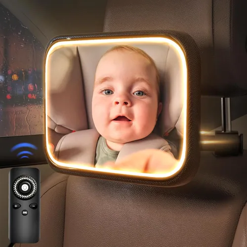 Vista 2 de Espejo de coche recargable para bebé con luz – Espejo para bebé en coche con control remoto, espejo de coche para bebé estable gancho clip