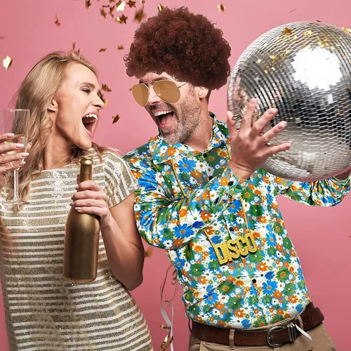 Vista 4 de DreamJ Disfraz de discoteca de los años 70 para hombre, trajes de camisa floral de los años 60, disfraces hippie de los años 70, conjunto