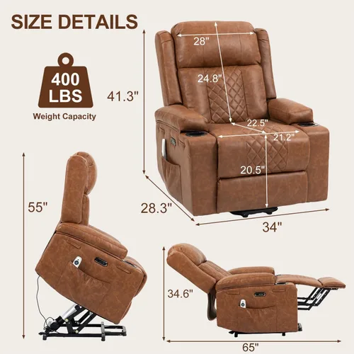 Vista 2 de Power Lift Recliner Chair for Elderly with Vibration Massage and Lumbar Heating Electric PU Leather Single Sofa with Cup Holders for Living Room